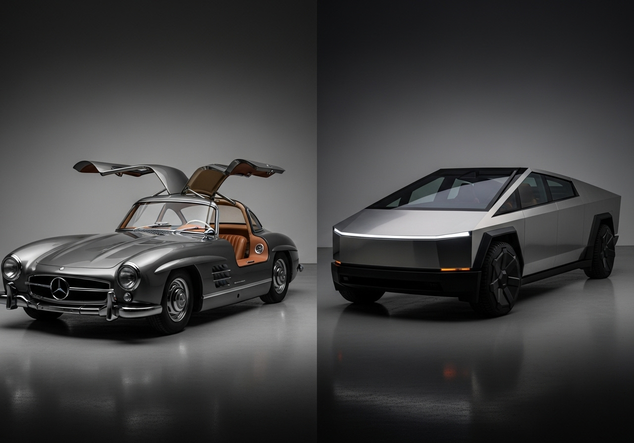 Classic and modern cars side by side